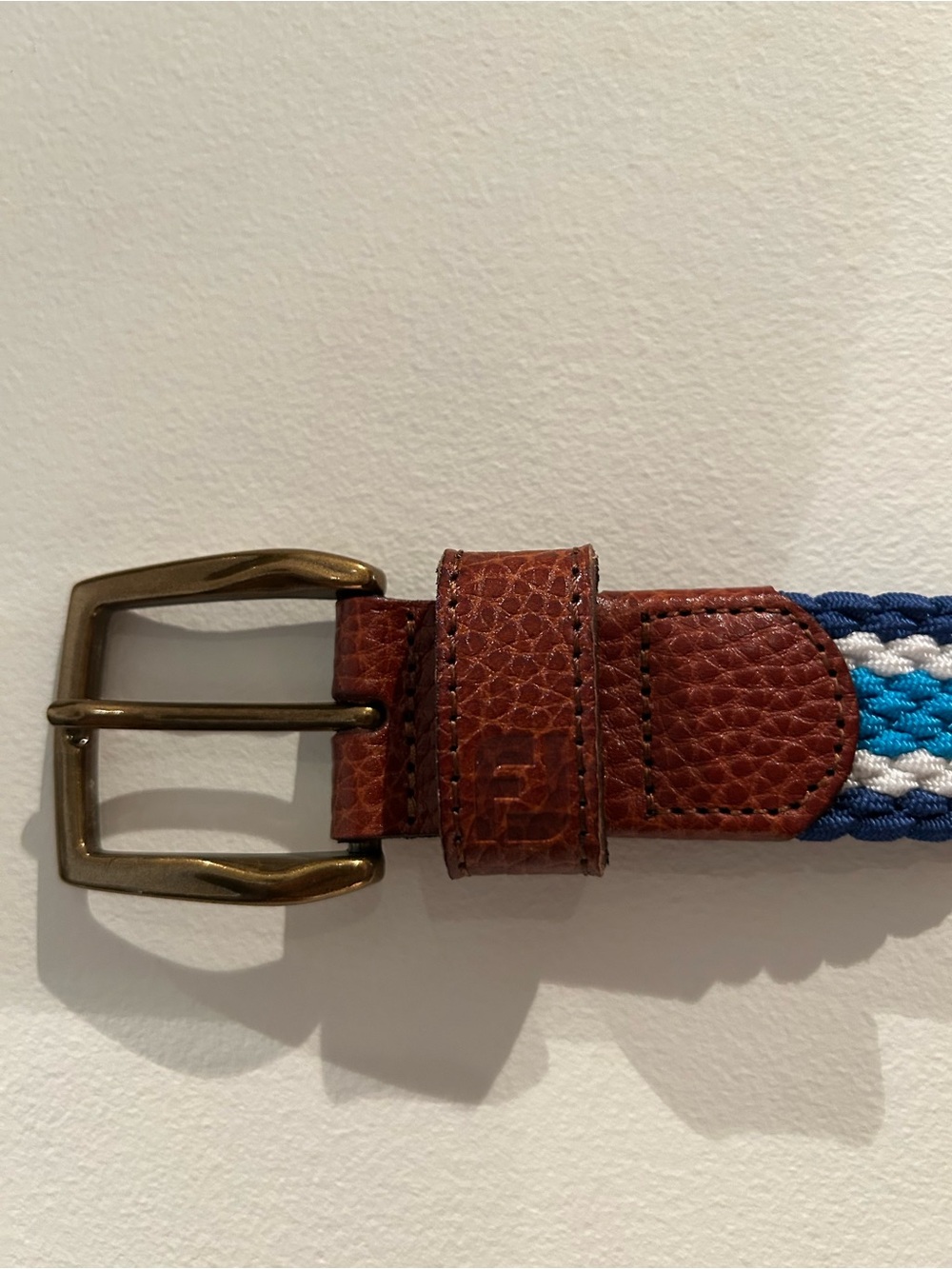 Worn Once FootJoy Brown Leather Belt with Blue and White Woven Accent